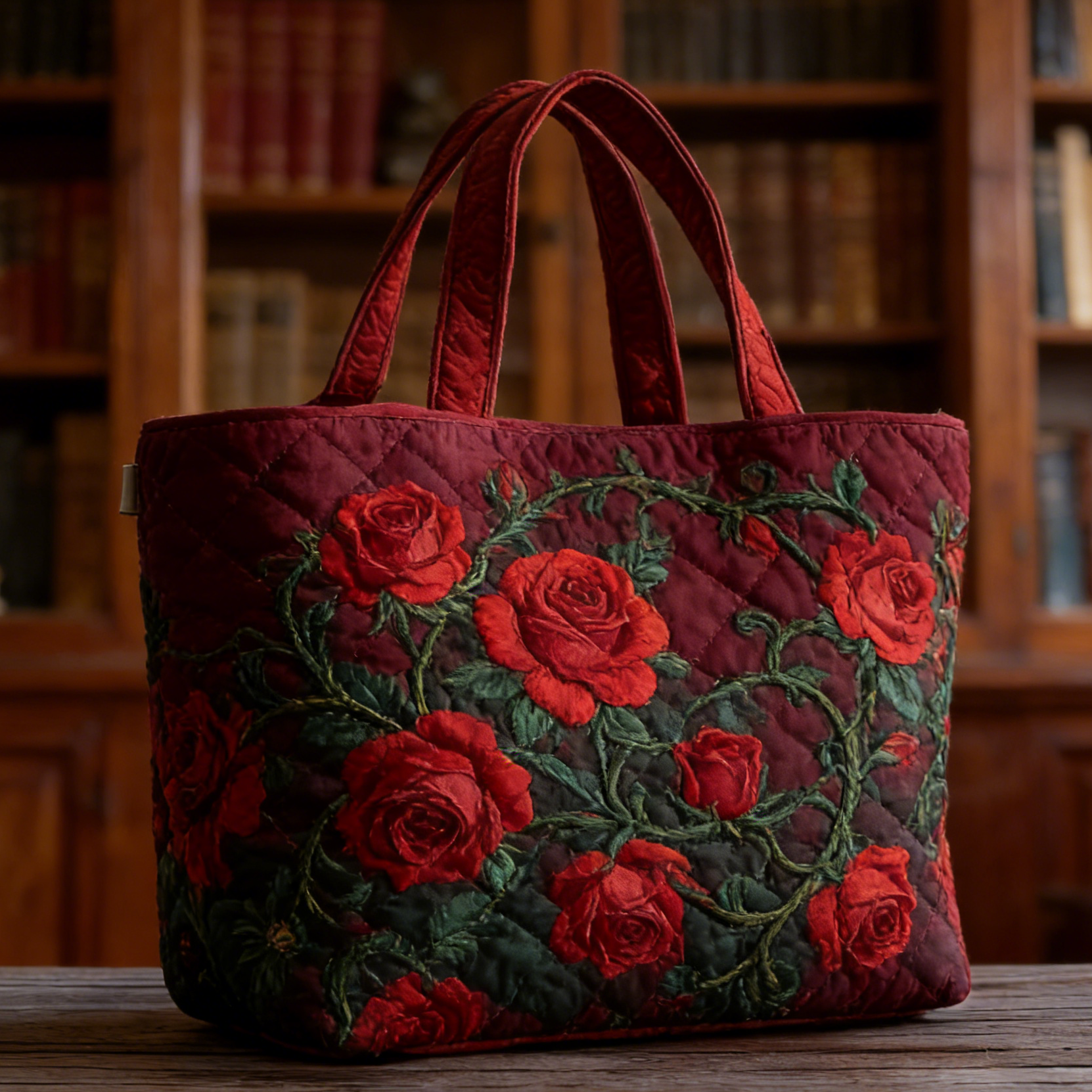 Burgundy Rose Quilted Tote Bag
