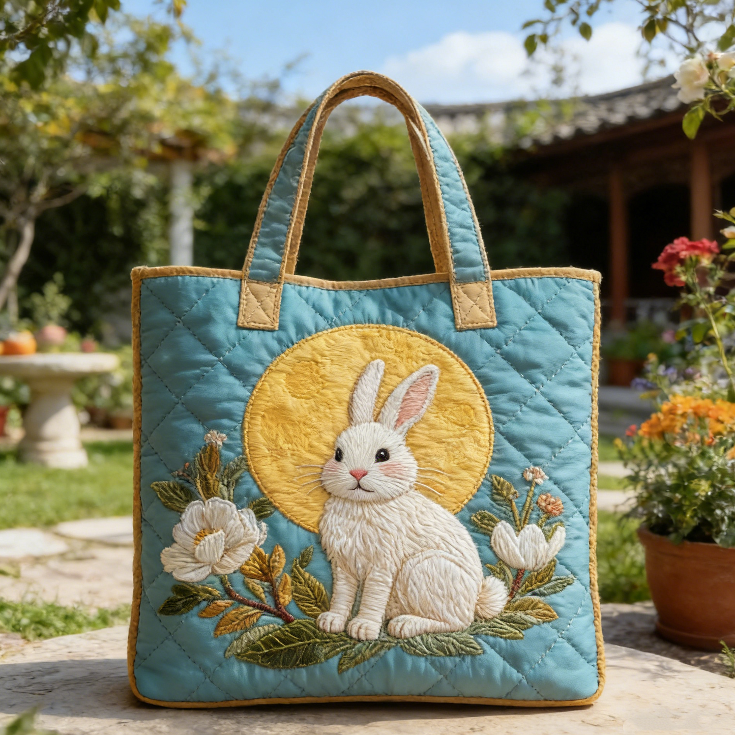 Stitched White Rabbit & Moon Tote Bag: Soft Turquoise Quilted Style for Nature Vibes Quilted Tote Bag