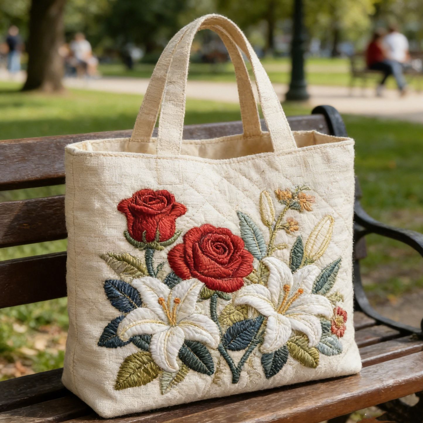 Stitched Floral Bouquet : Soft Linen Style with Romantic Roses & Lilies Quilted Tote Bag