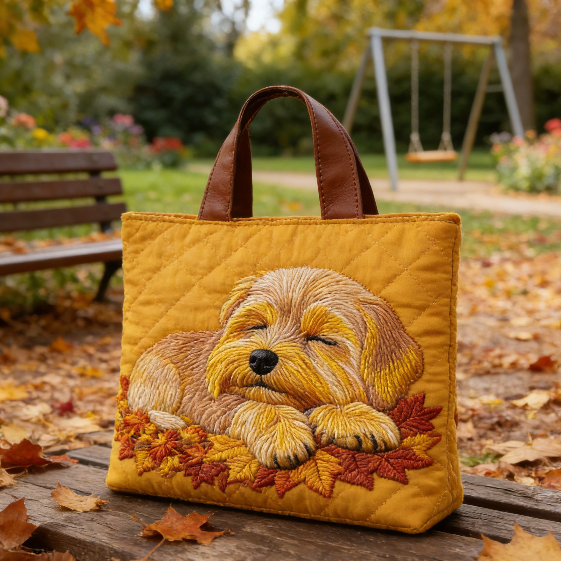 Fall Puppy Quilted Tote Bag