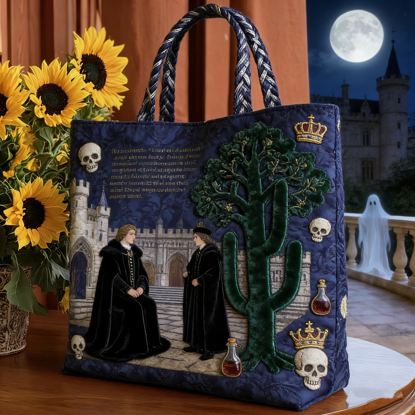 Gothic Castle & Cactus Canvas Tote Bag