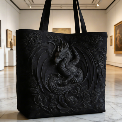 Black Dragon & Floral Quilted Tote Bag