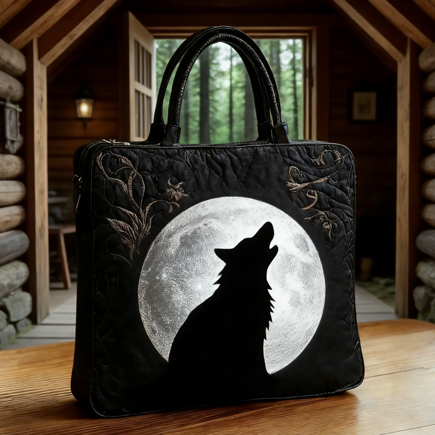 Wolf Howling Moon Quilted Tote Bag