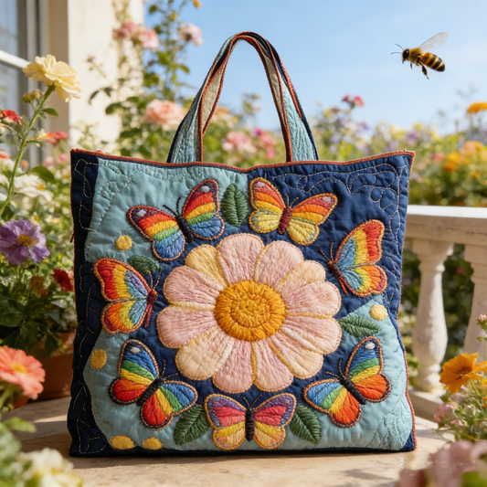 Rainbow Butterflies & Flower Quilted Tote Bag