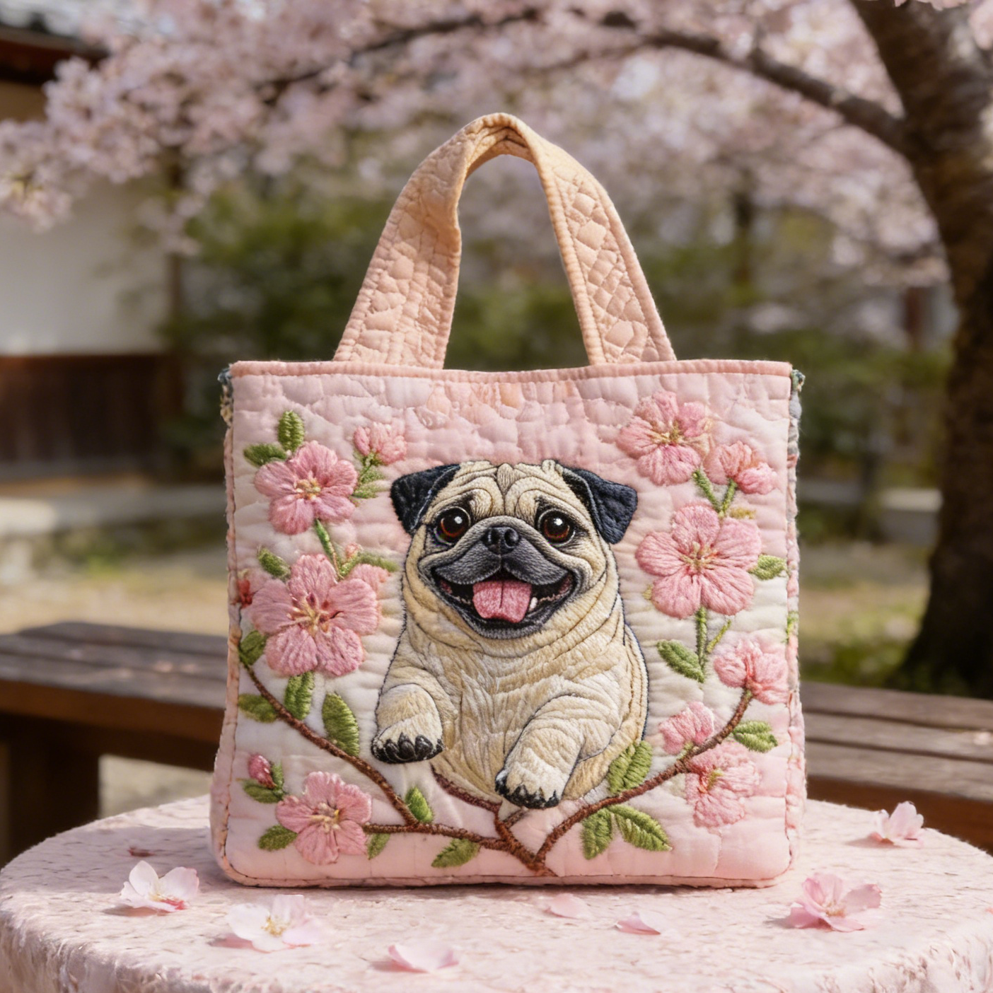 Sweet Pink Pug-Cherry Blossom Quilted Tote Bag