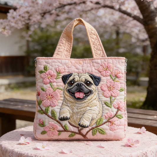 Sweet Pink Pug-Cherry Blossom Quilted Tote Bag