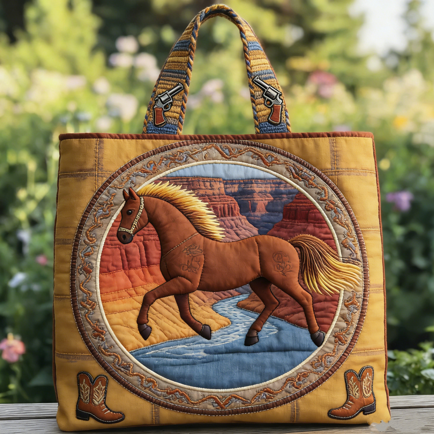Quilted Wild West Mustang Tote Bag Quilted Tote Bag