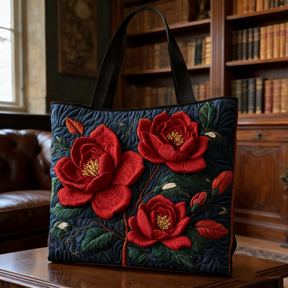 Red Camellia Quilted Tote Bag