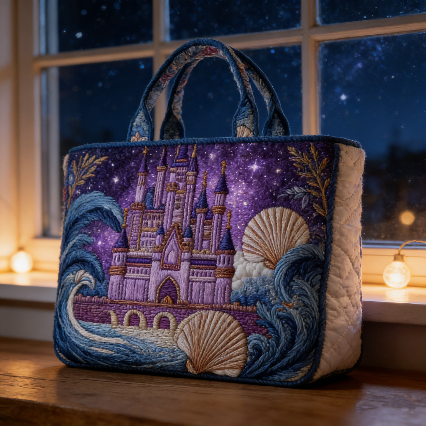 Starry Night Coastal Castle Quilted Tote Bag