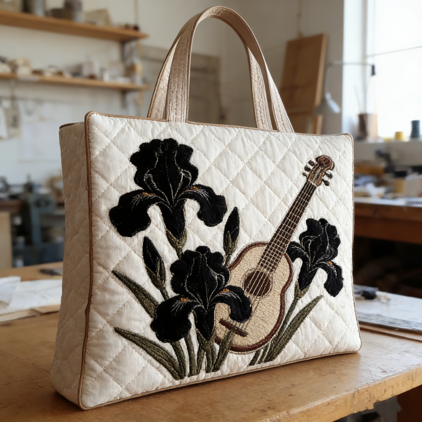 Black Iris Guitar Quilted Tote Bag