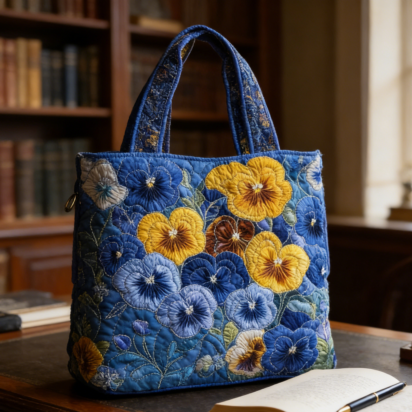 Blue Yellow Pansy Quilted Tote Bag