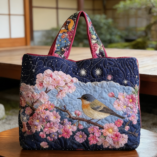 Starry Sakura-Bird Quilted Tote Bag