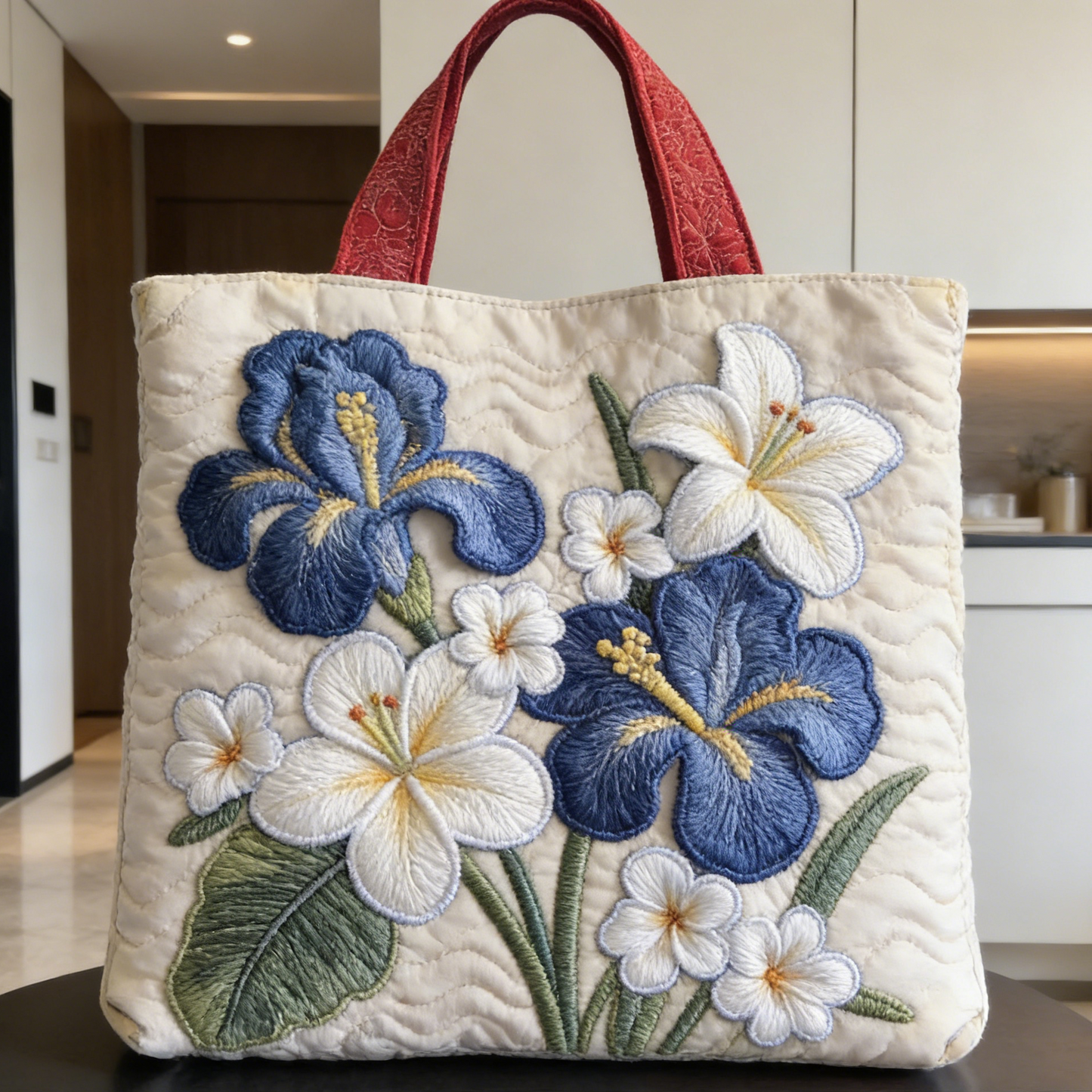 Blue & White Floral Quilted Tote Bag