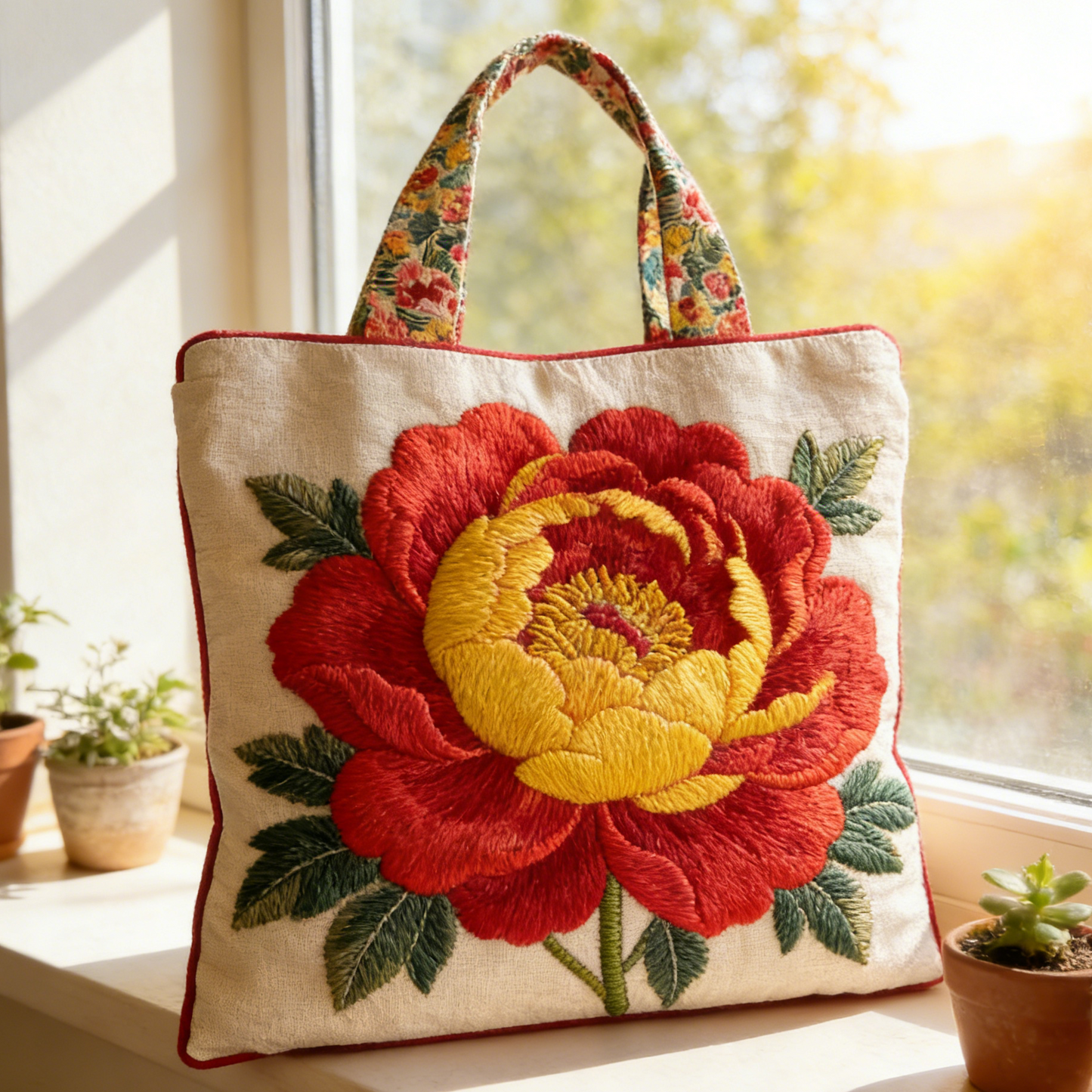Red & Yellow Peony Quilted Tote Bag