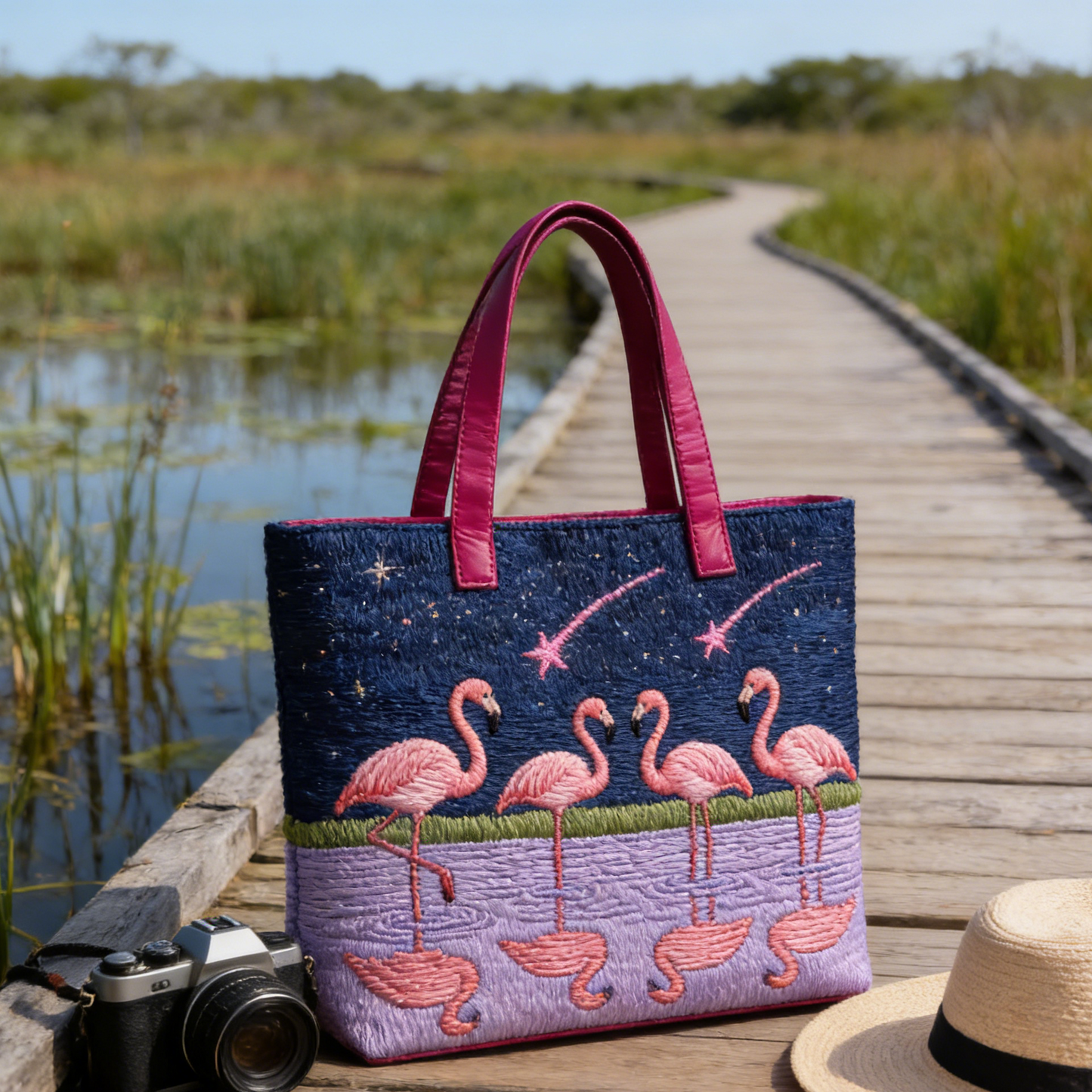Night Flamingo Quilted Tote Bag