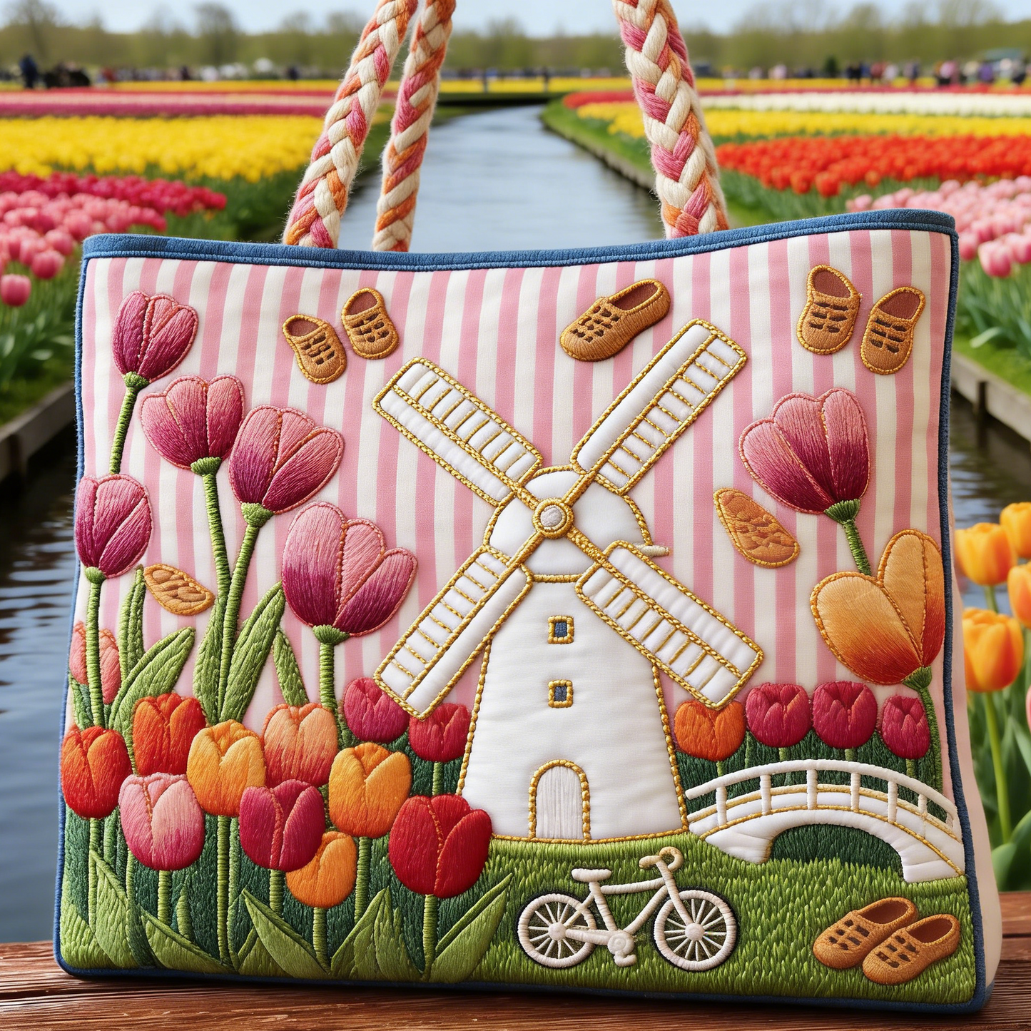 Dutch Tulip Field Windmill Tote Bag