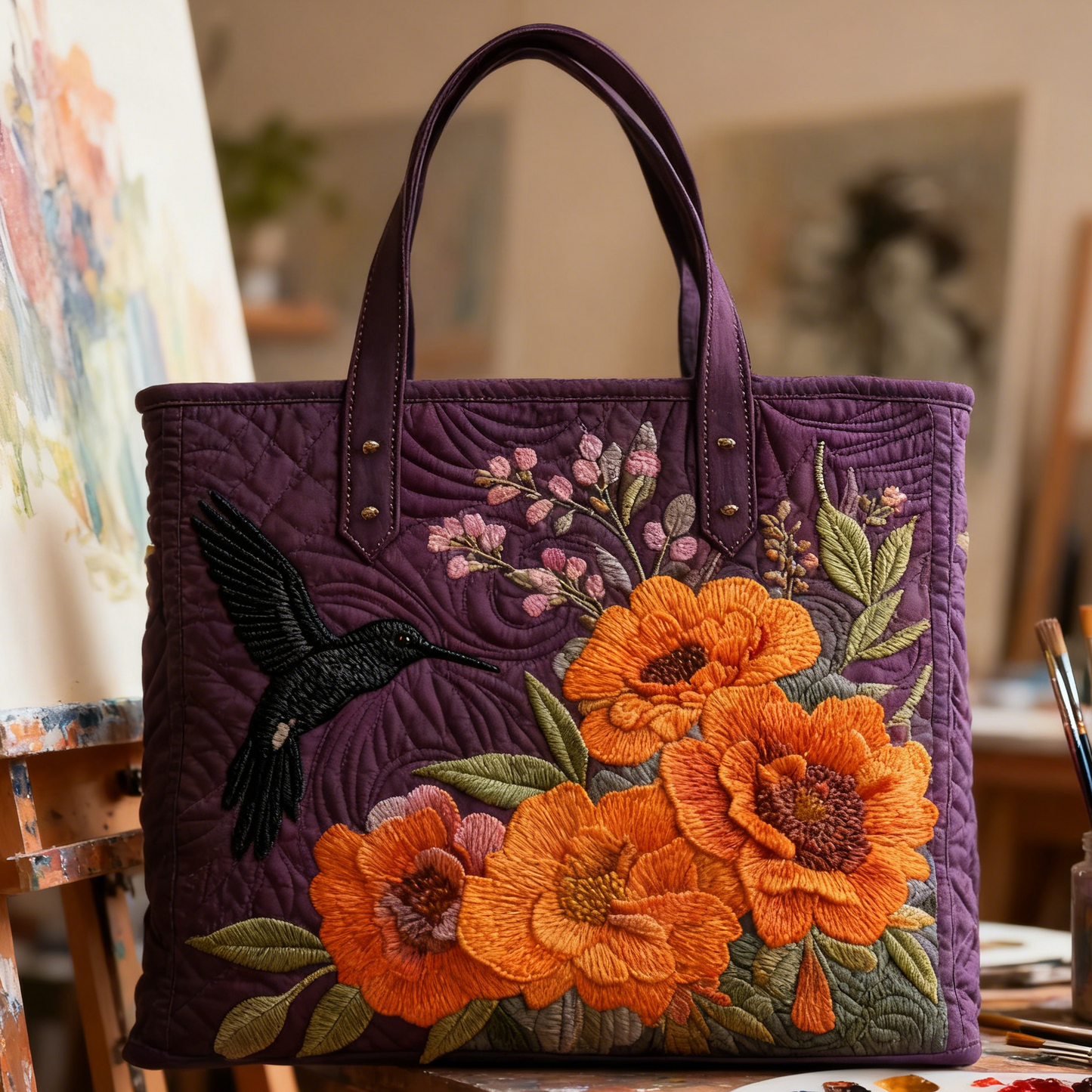 Hand-Embroidered Hummingbird Tote Bag