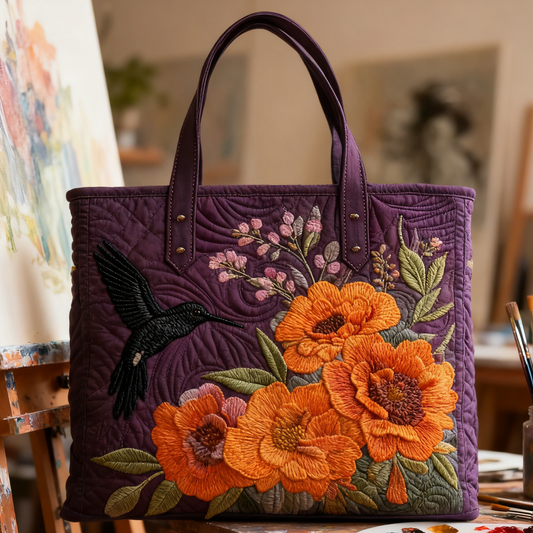 Hand-Embroidered Hummingbird Tote Bag