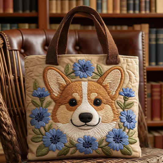 Beige Corgi Cornflower Quilted Tote Bag