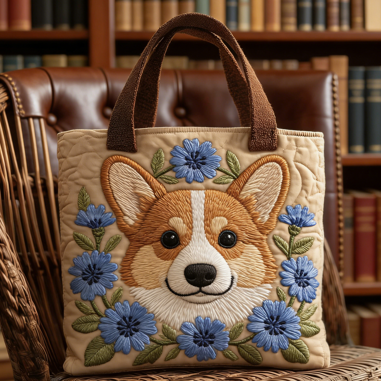 Beige Corgi Cornflower Quilted Tote Bag