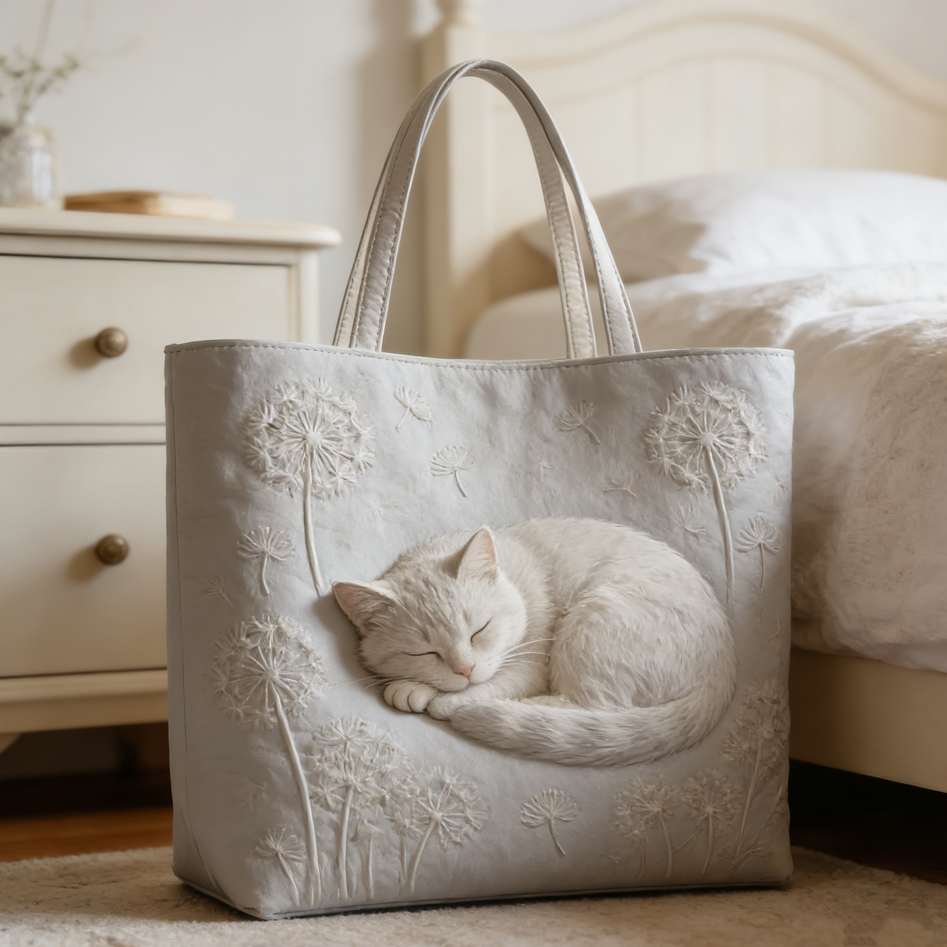 Timeless Sleeping Cat Dandelion  Quilted Tote Bag