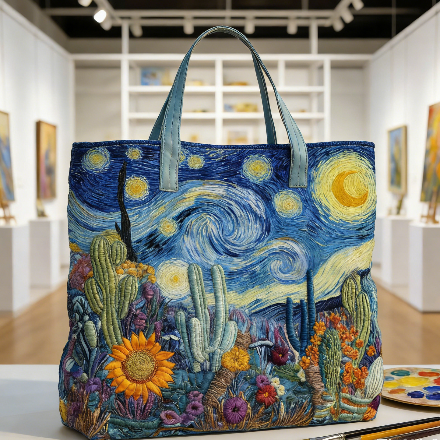 Starry Night Cactus Sunflower Quilted Tote Bag