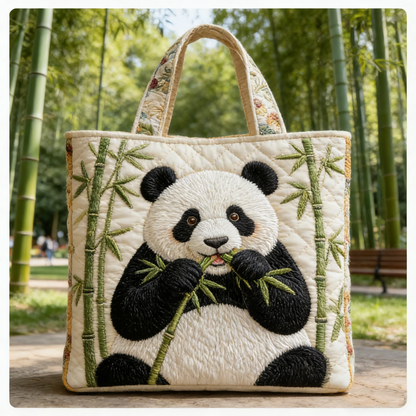 Quilted Panda & Bamboo Tote Bag: Adorable Embroidered Pup Eating Bamboo for Daily Carry Quilted Tote Bag