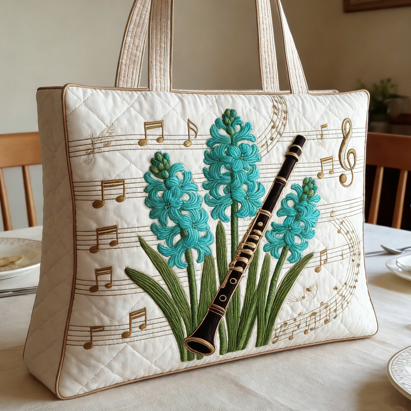 White & Musical Floral Quilted Tote Bag