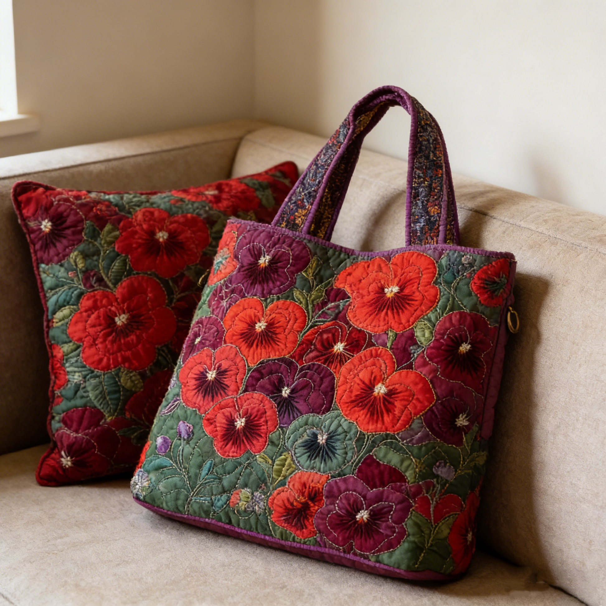 Red-Purple Pansy Quilted Tote Bag