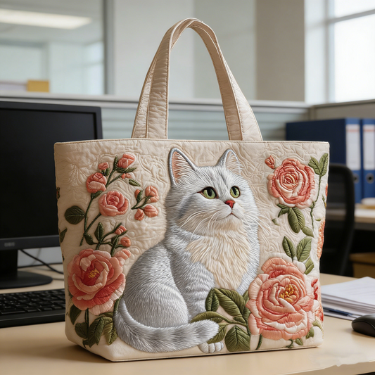 Cat & Pink Rose Quilted Tote Bag