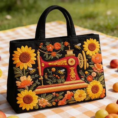 Sunflower Sewing Machine Quilted Tote Bag