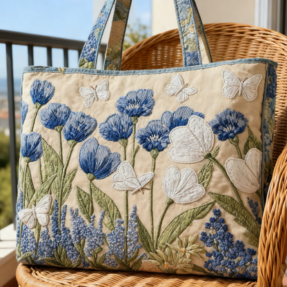 Quilted Blue Floral & Butterfly Tote Bag