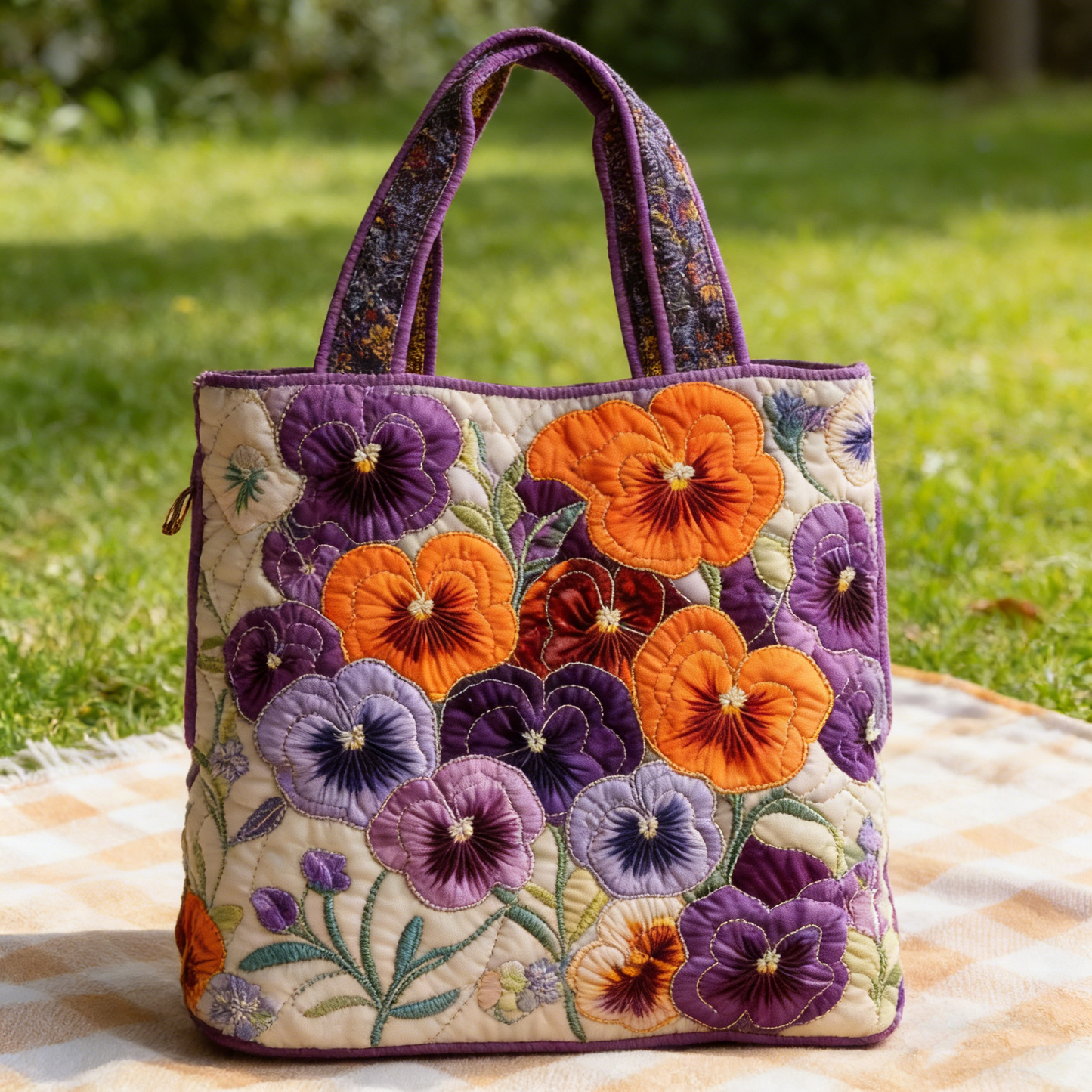 Purple-Orange Pansy Quilted Tote Bag