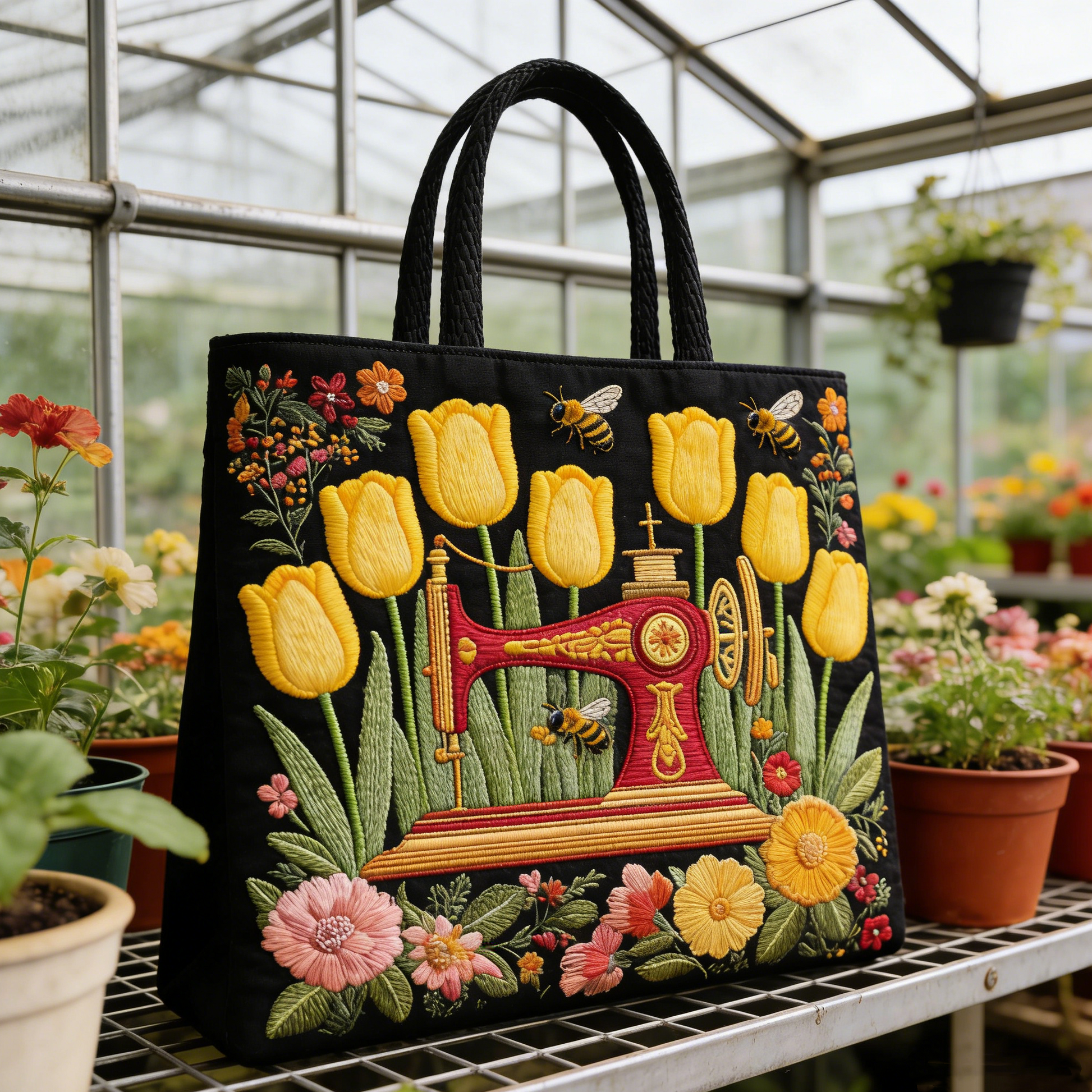 Tulip-Sewing Machine Quilted Tote Bag