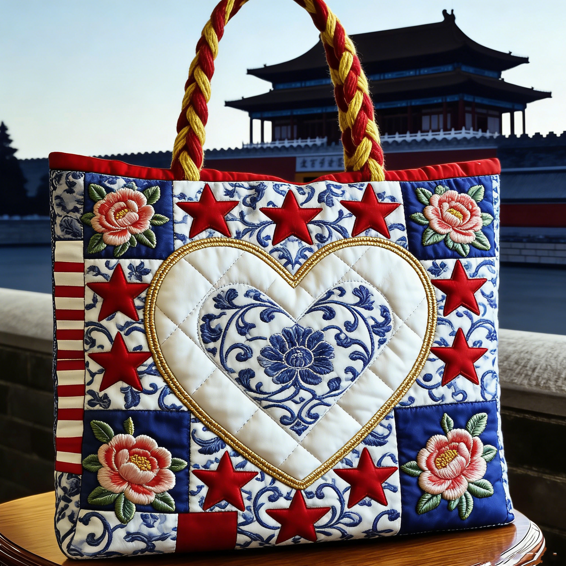 Quilted Chinese Cultural Heart Tote Bag