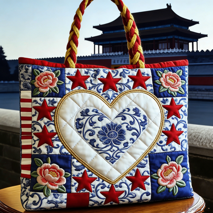 Quilted Chinese Cultural Heart Tote Bag Quilted Tote Bag