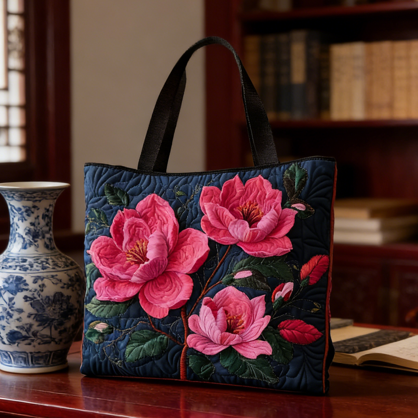 Pink Camellia Quilted Tote Bag