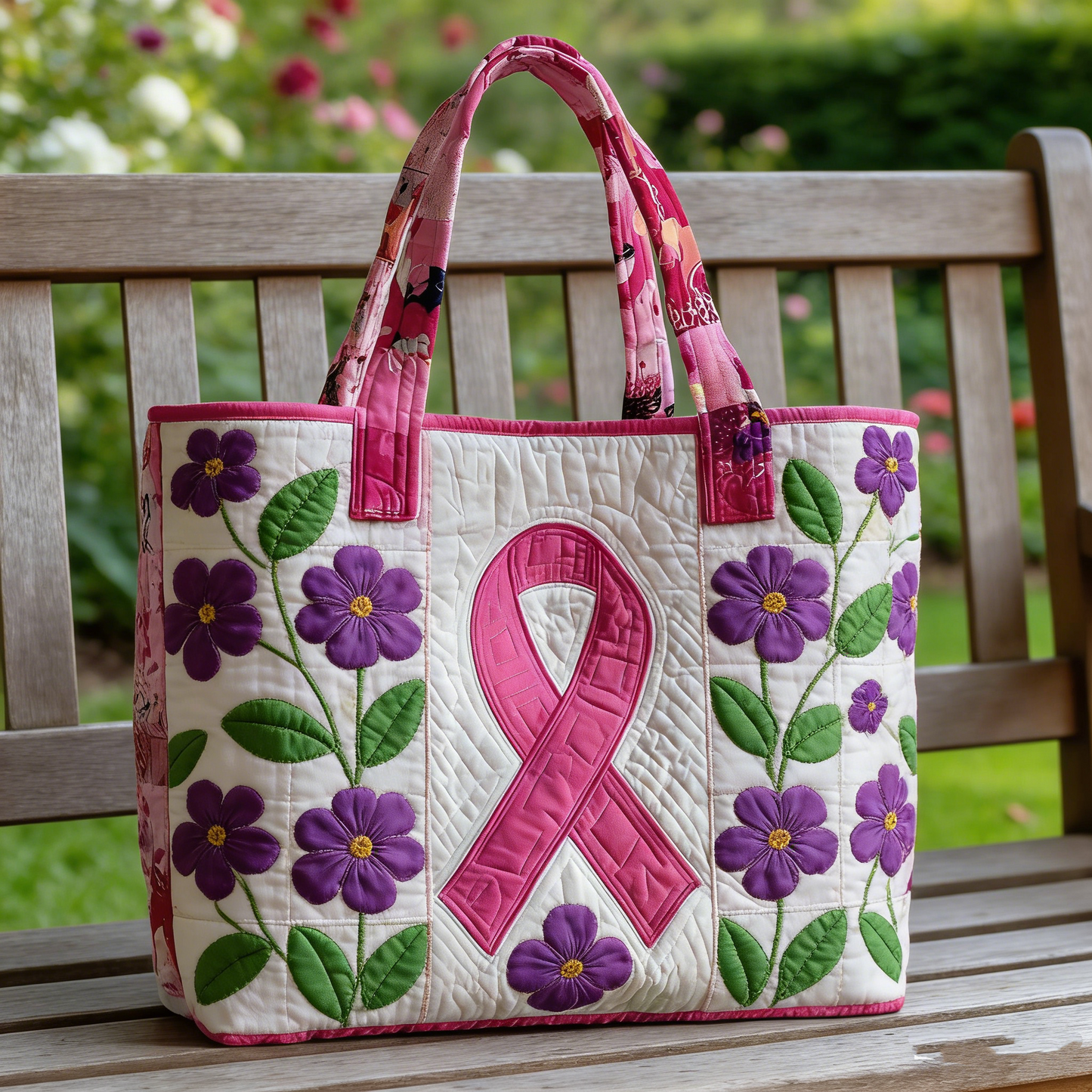 Purple Floral & Pink Ribbon Quilted Tote Bag