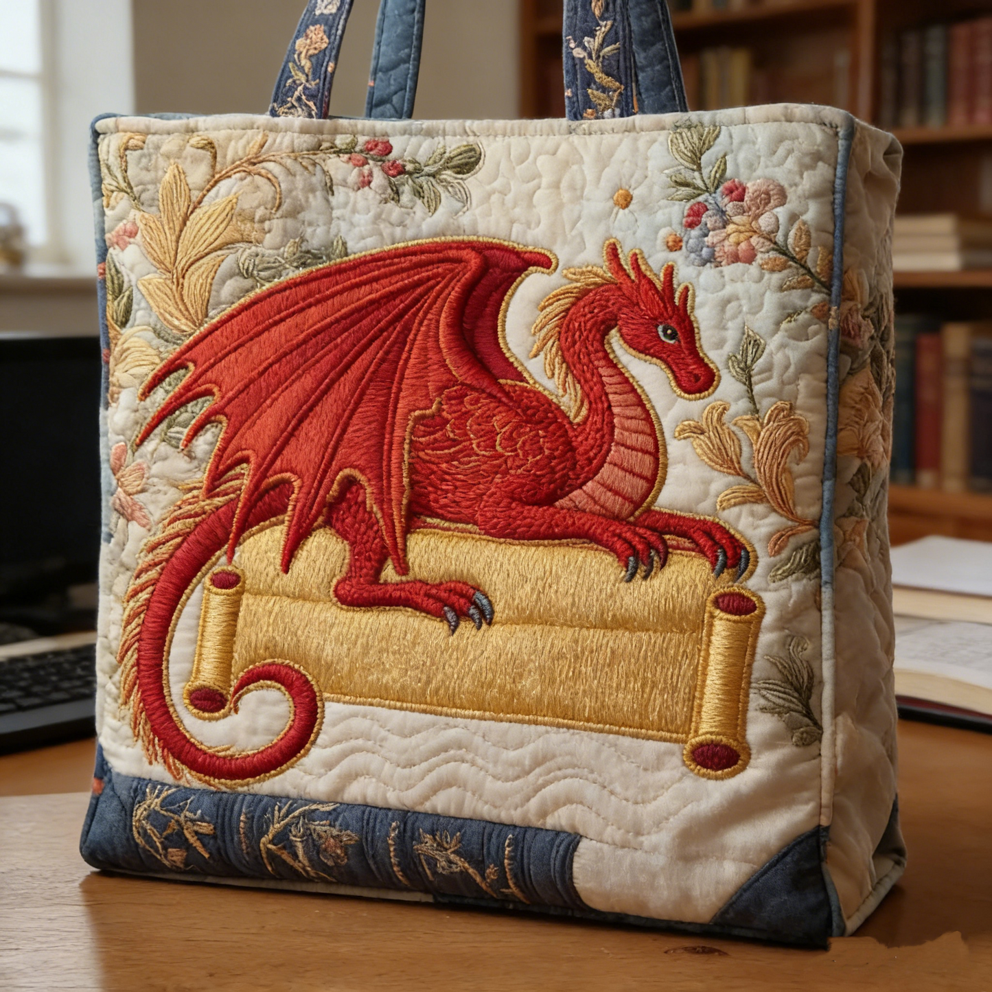 Red Dragon & Scroll Quilted Tote Bag