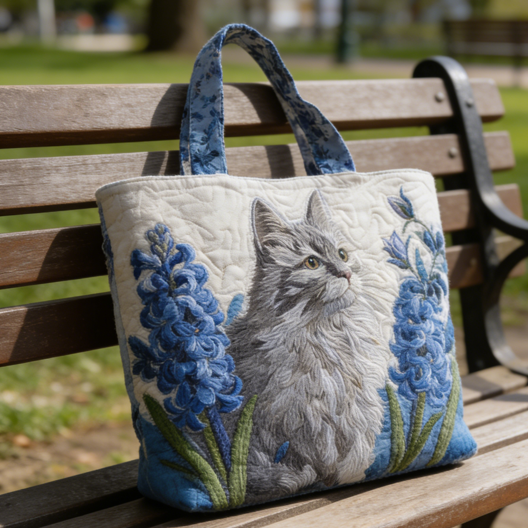 Gray Cat & Hyacinth Quilted Tote Bag sbvh6385