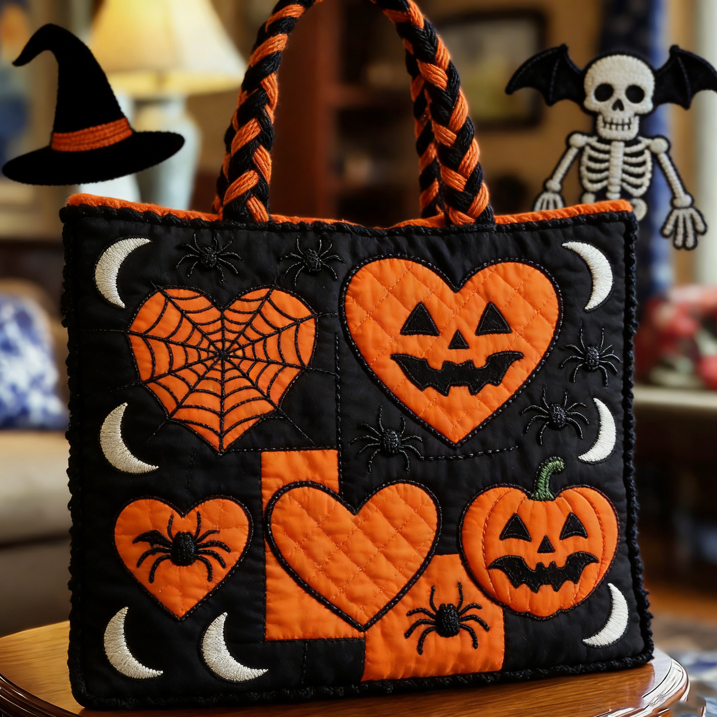 Quilted Halloween Pumpkin Heart Tote Bag