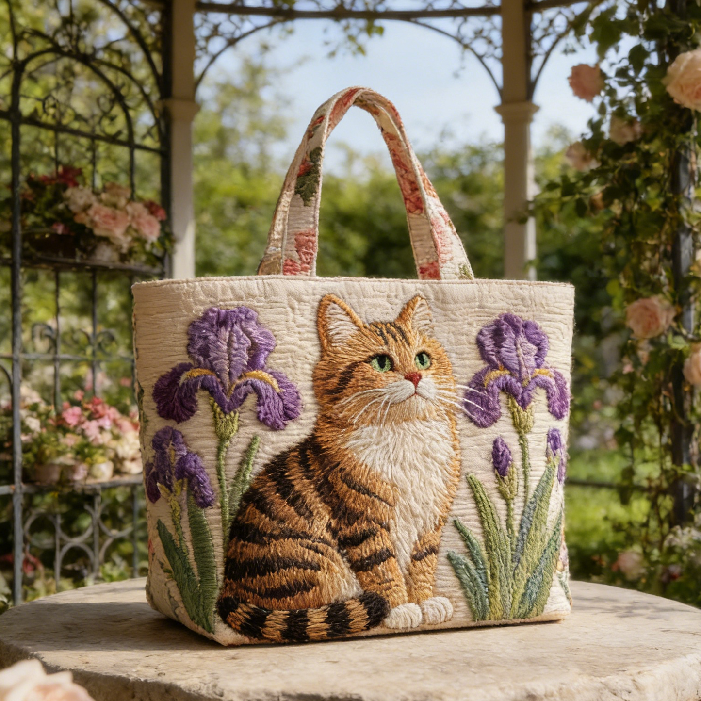 Ginger Cat & Purple Iris Quilted Tote Bag