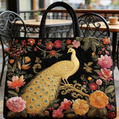 Gilded Peacock Floral Quilted Tote Bag
