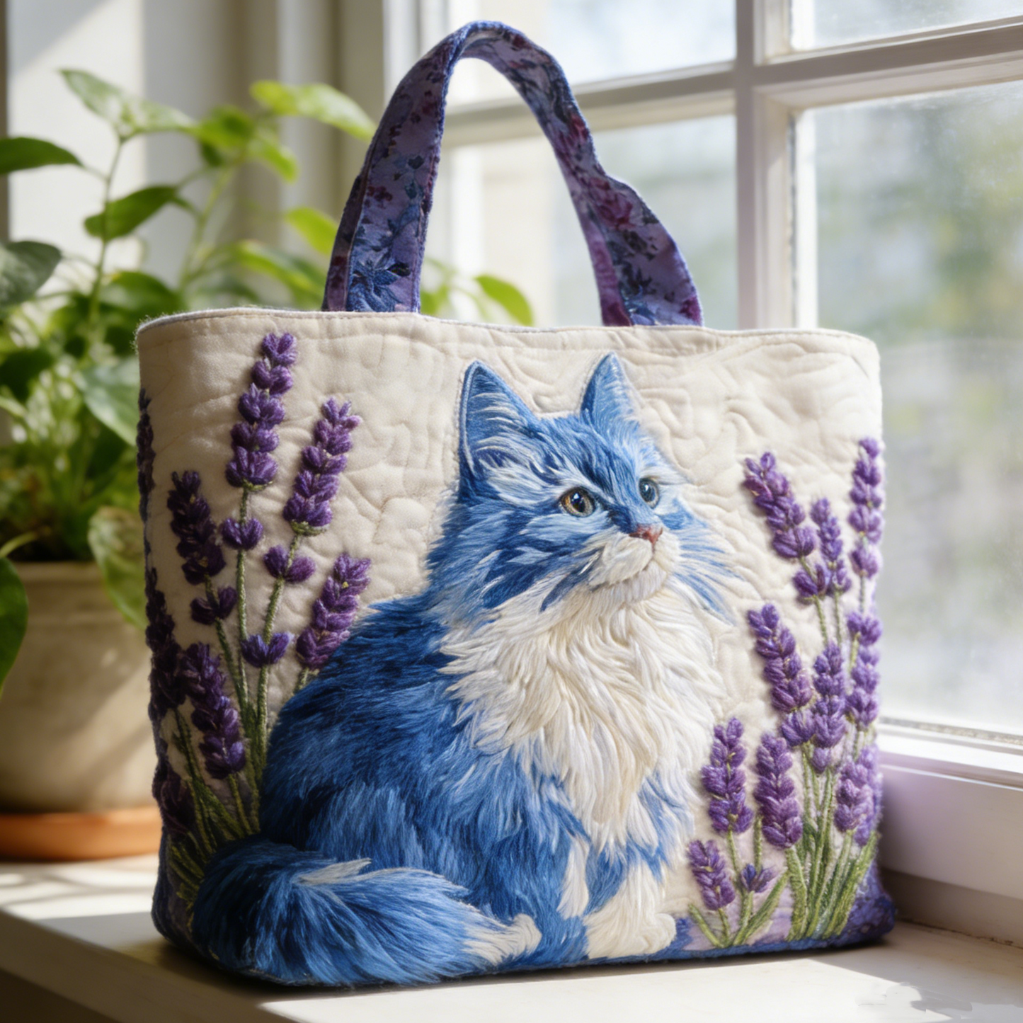 Blue Cat & Lavender mfdx2759 Quilted Tote Bag