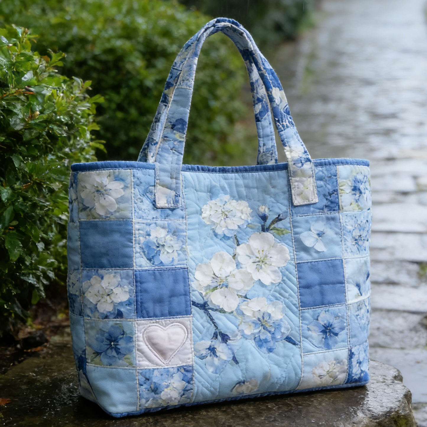 Blue Floral Quilted Tote Bag