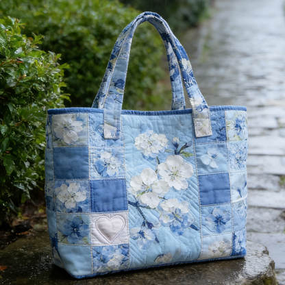 Blue Floral Quilted Tote Bag