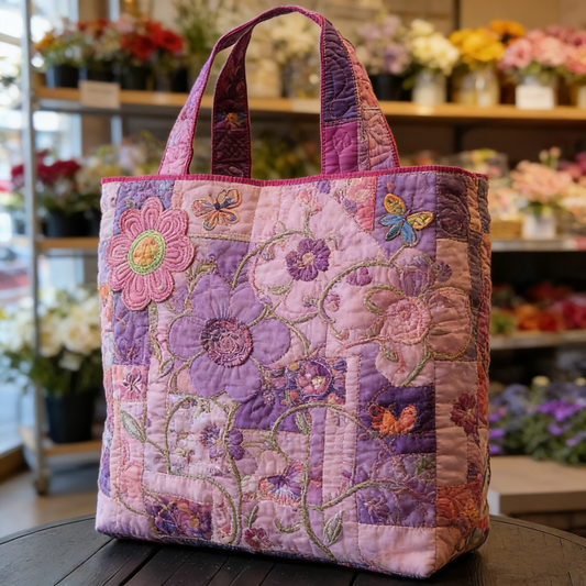 Pink-Purple Floral Quilted Tote Bag