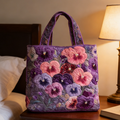 Purple Pink Pansy Quilted Tote Bag