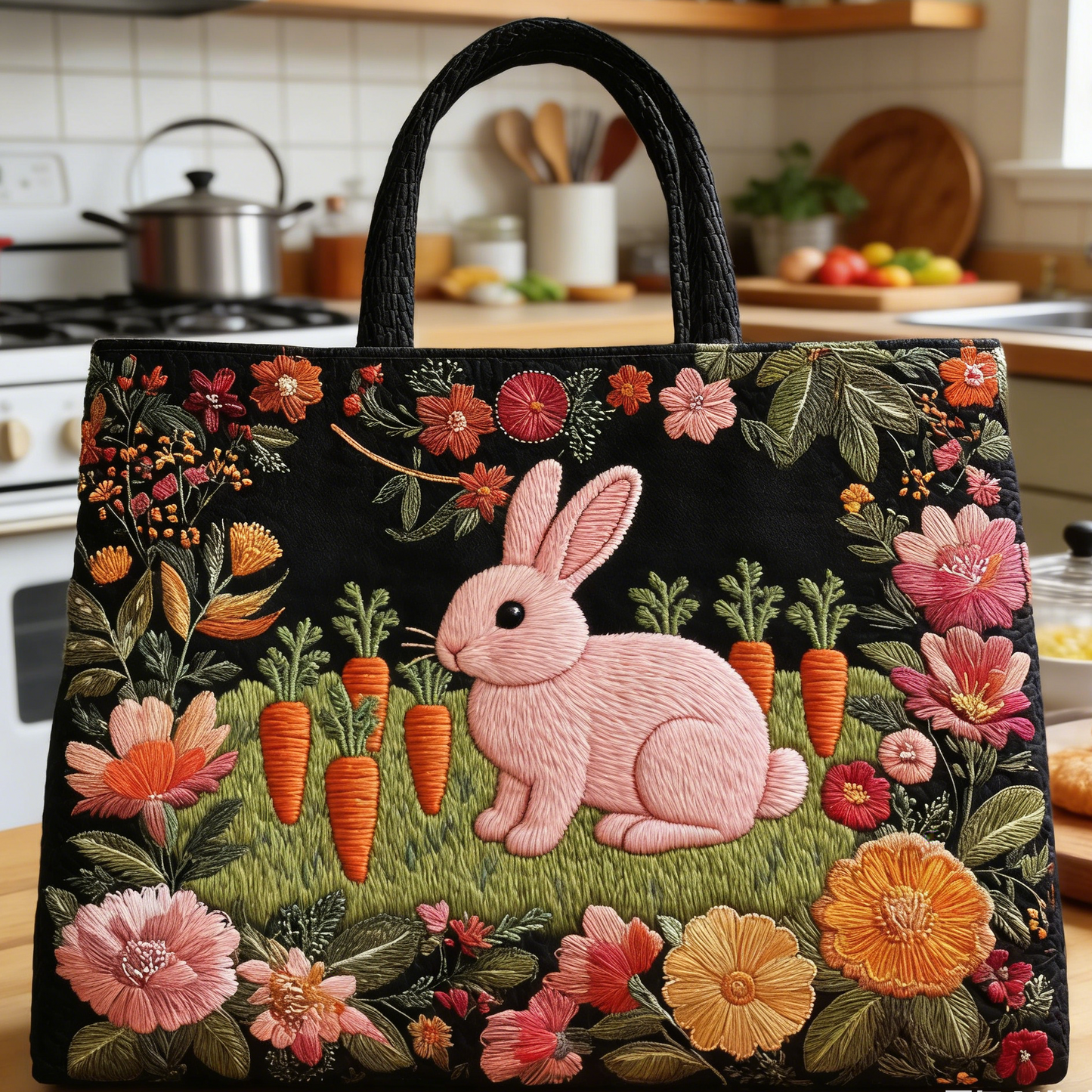 Bunny Carrot Floral Quilted Tote Bag