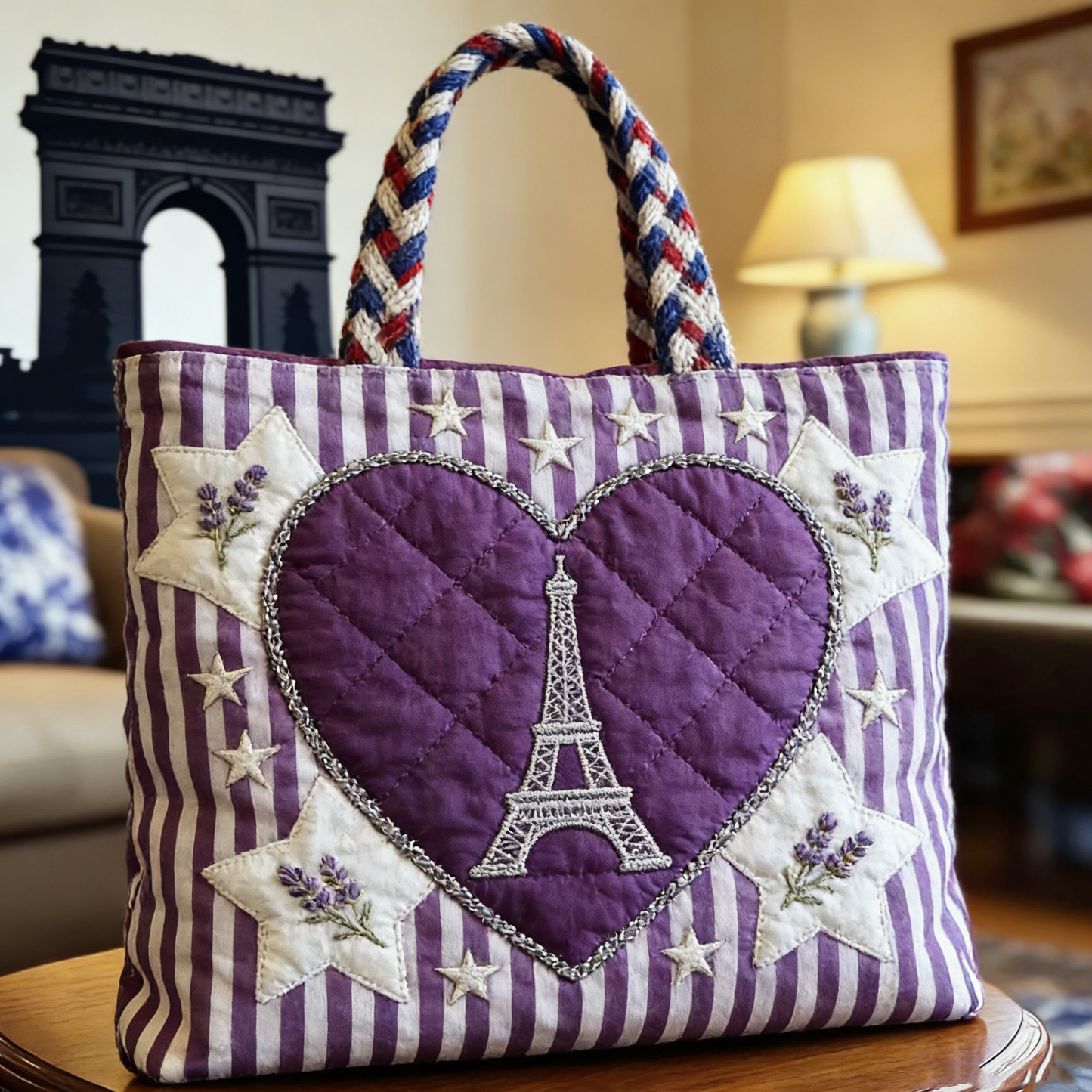 Quilted Parisian Lavender Heart Tote Bag
